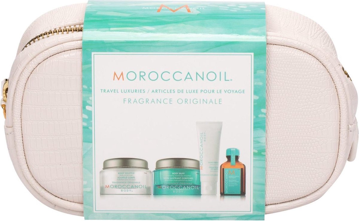 Moroccanoil Body Travel Kit Body Peeling 50ml Combo: Body Buff 50 Ml + Body Soufflé 45 Ml + Hand Cream 20 Ml + Treatment Oil 15 Ml + Cosmetic Bag