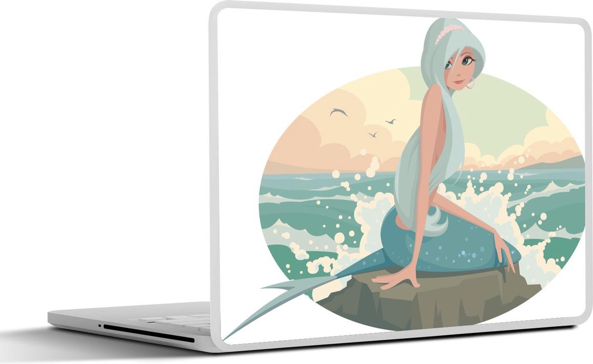 Laptop sticker - 10.1 inch - Illustratie van een zeemeermin aan de kust