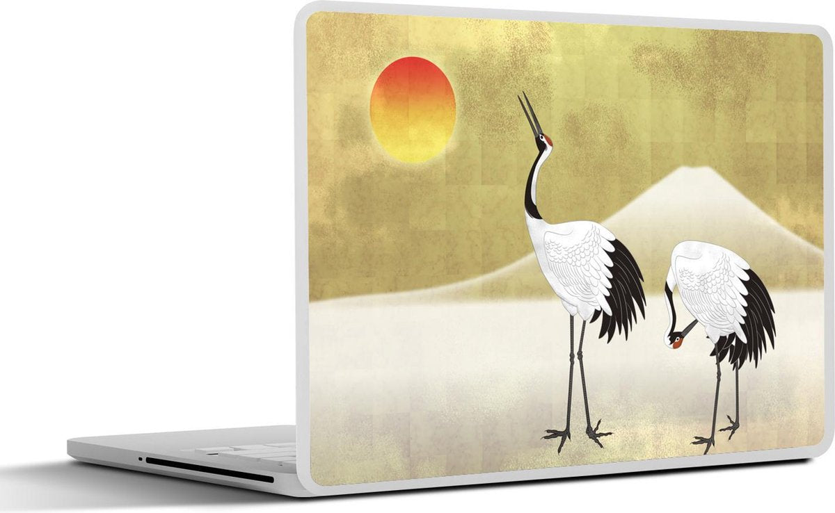 Laptop sticker - 10.1 inch - Illustratie van twee Chinese kraanvogels met een rode zon