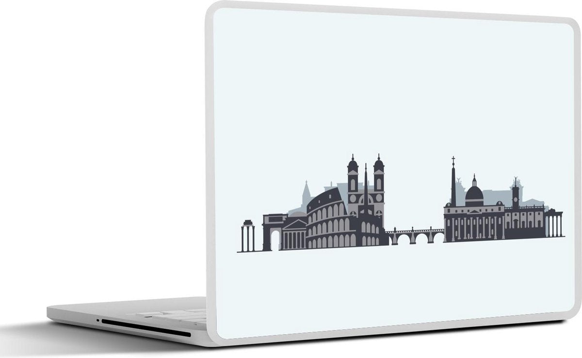 Laptop sticker - 10.1 inch - Illustratie van een donkergrijze skyline op een lichtblauwe achtergrond