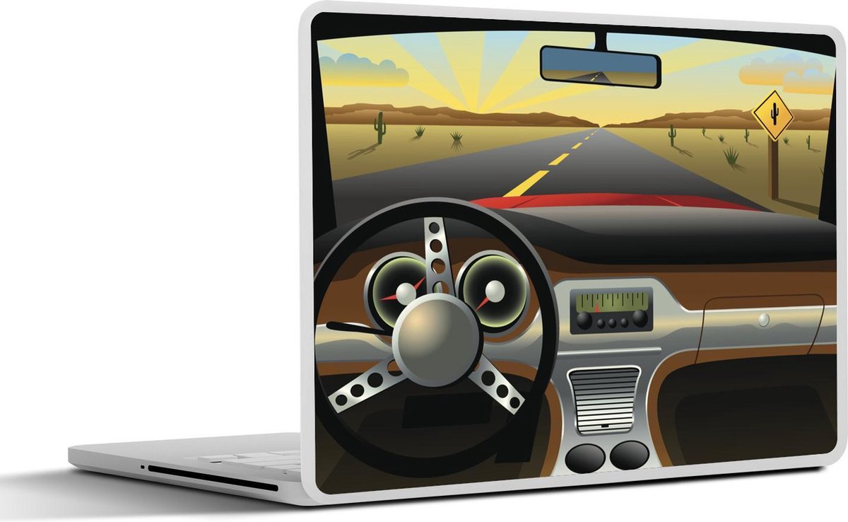 Laptop sticker - 10.1 inch - Illustratie van het dashboard in een auto in de woestijn