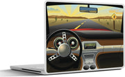 Laptop sticker - 10.1 inch - Illustratie van het dashboard in een auto in de woestijn
