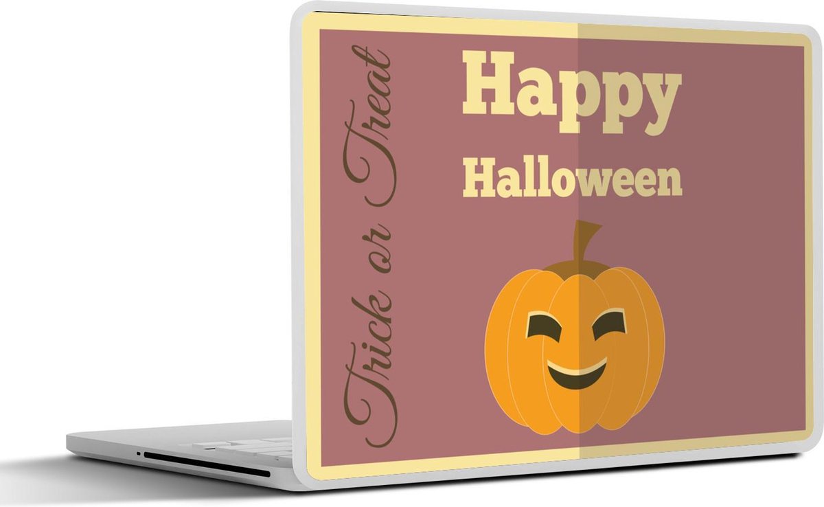 Laptop sticker - 10.1 inch - 'Happy Halloween' met een pompoen op een paarse achtergrond