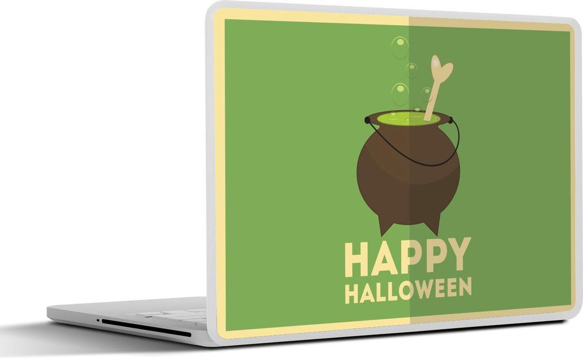 Laptop sticker - 10.1 inch - 'Happy Halloween' met een heksenketel en een bot