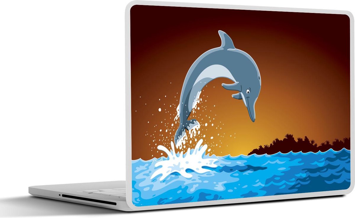 Laptop sticker - 10.1 inch - Illustratie van een springende dolfijn bij een zonsondergang
