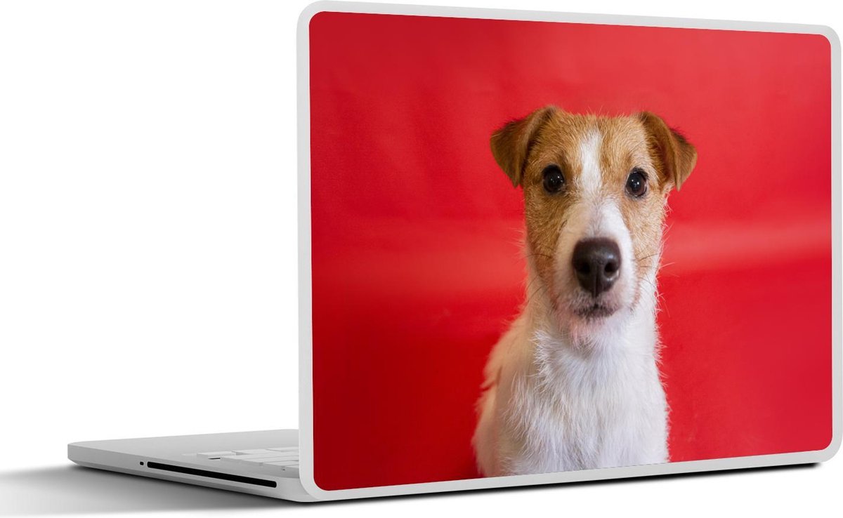 Laptop sticker - 10.1 inch -  een Jack Russel voor rode achtergrond