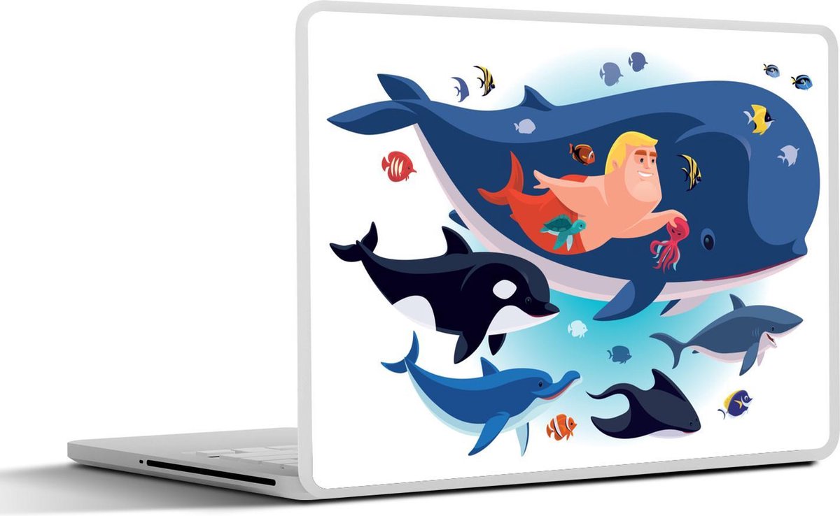 Laptop sticker - 10.1 inch - Illustratie van een meerman tussen de zeedieren