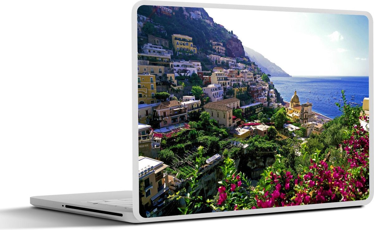 Laptop sticker - 10.1 inch - Achter de bloemen valt het dorp Positano aan de Amalfikust te zien
