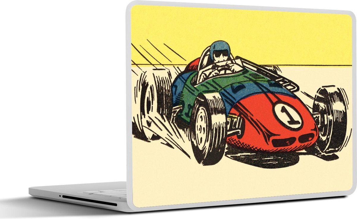 Laptop sticker - 10.1 inch - Illustratie van iemand in een kleurrijke race auto