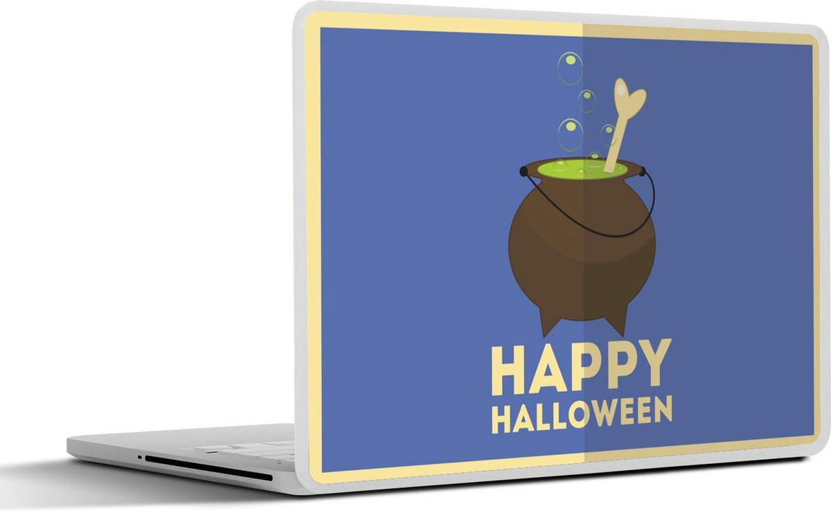 Laptop sticker - 10.1 inch - 'Happy Halloween' met een heksenketel op een donkerblauwe achtergrond