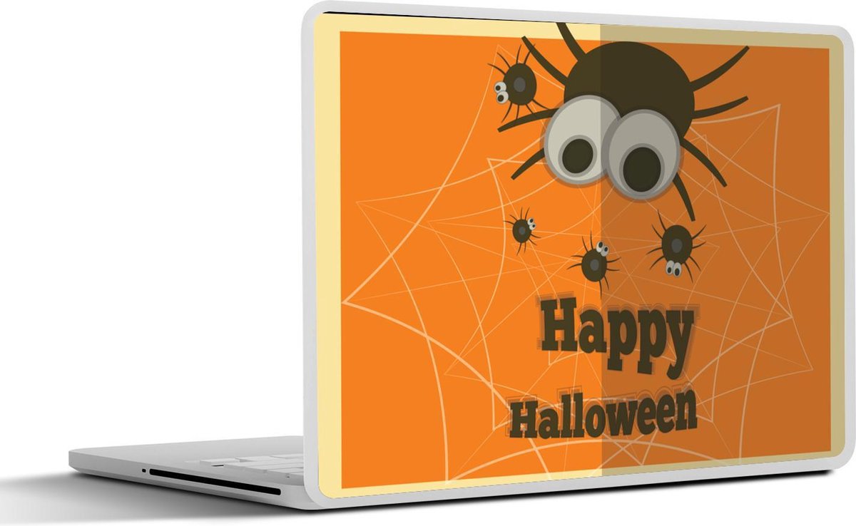 Laptop sticker - 10.1 inch - 'Happy Halloween' met spinnen op een oranje achtergrond