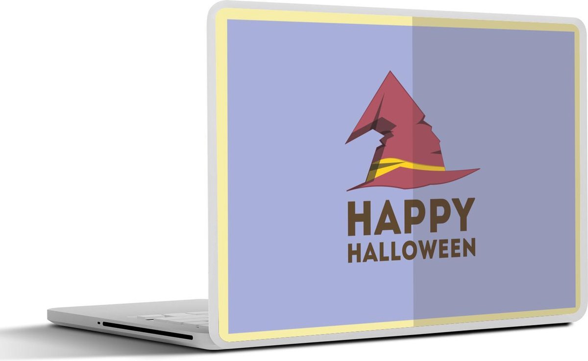 Laptop sticker - 10.1 inch - 'Happy Halloween' en een heksenhoed op een lila achtergrond