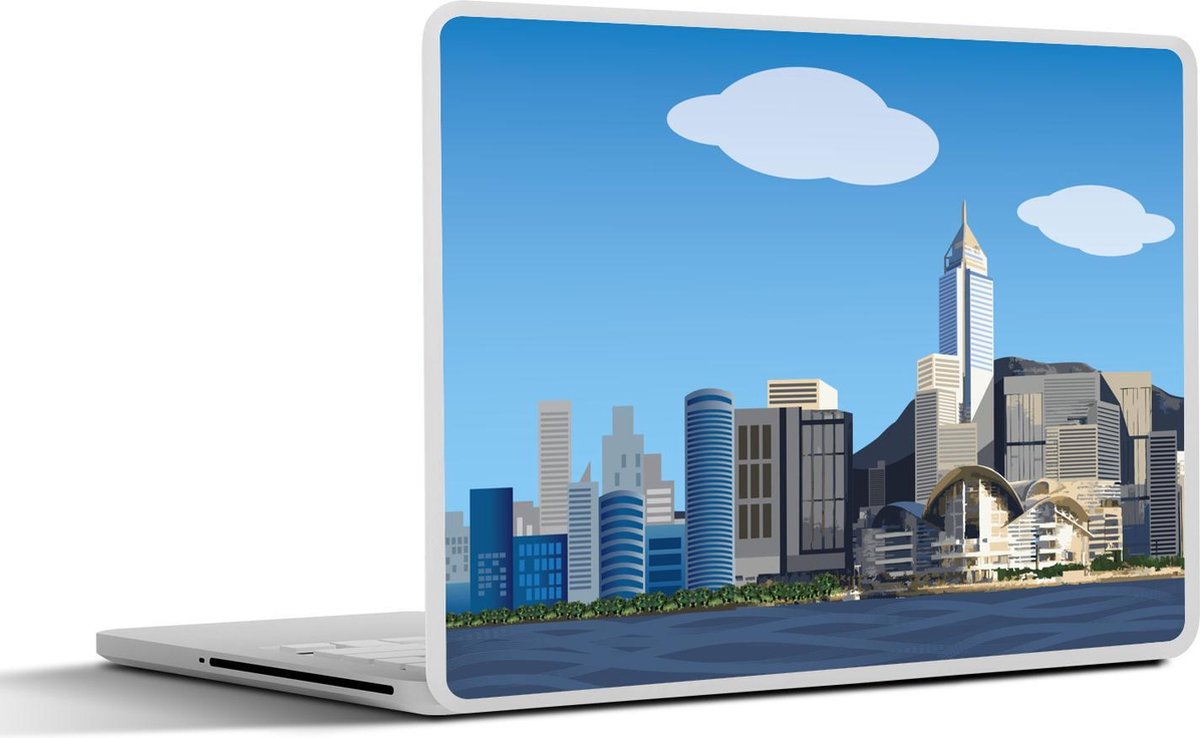 Laptop sticker - 10.1 inch - Illustratie van Hong Kong onder een lucht met twee wolken