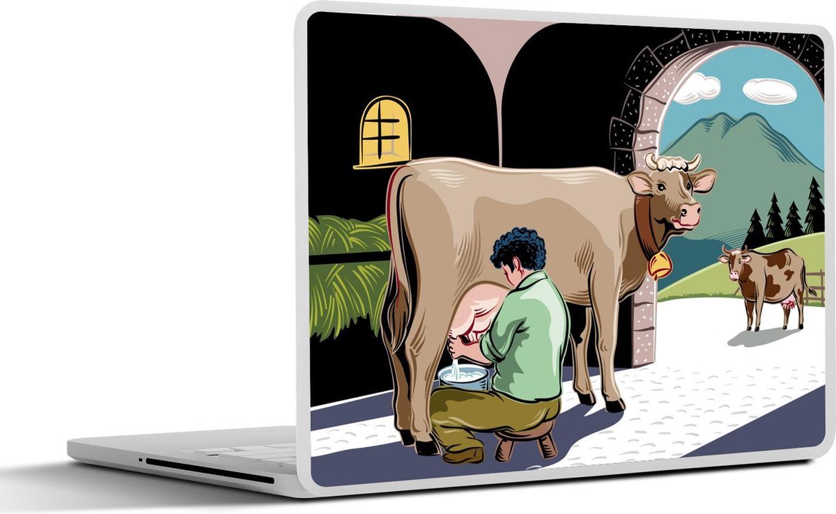 Laptop sticker - 10.1 inch - Illustratie van een boer die een Alpen koe in de stal melkt