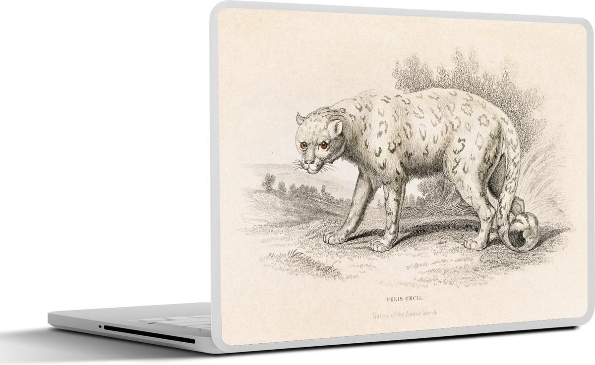 Laptop sticker - 10.1 inch - Illustratie van een sneeuwpanter op een antieke weergave in het zwart-wit