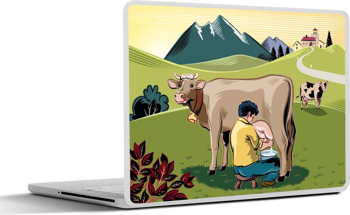Laptop sticker - 10.1 inch - Illustratie van een boer die een Alpen koe aan het melken is