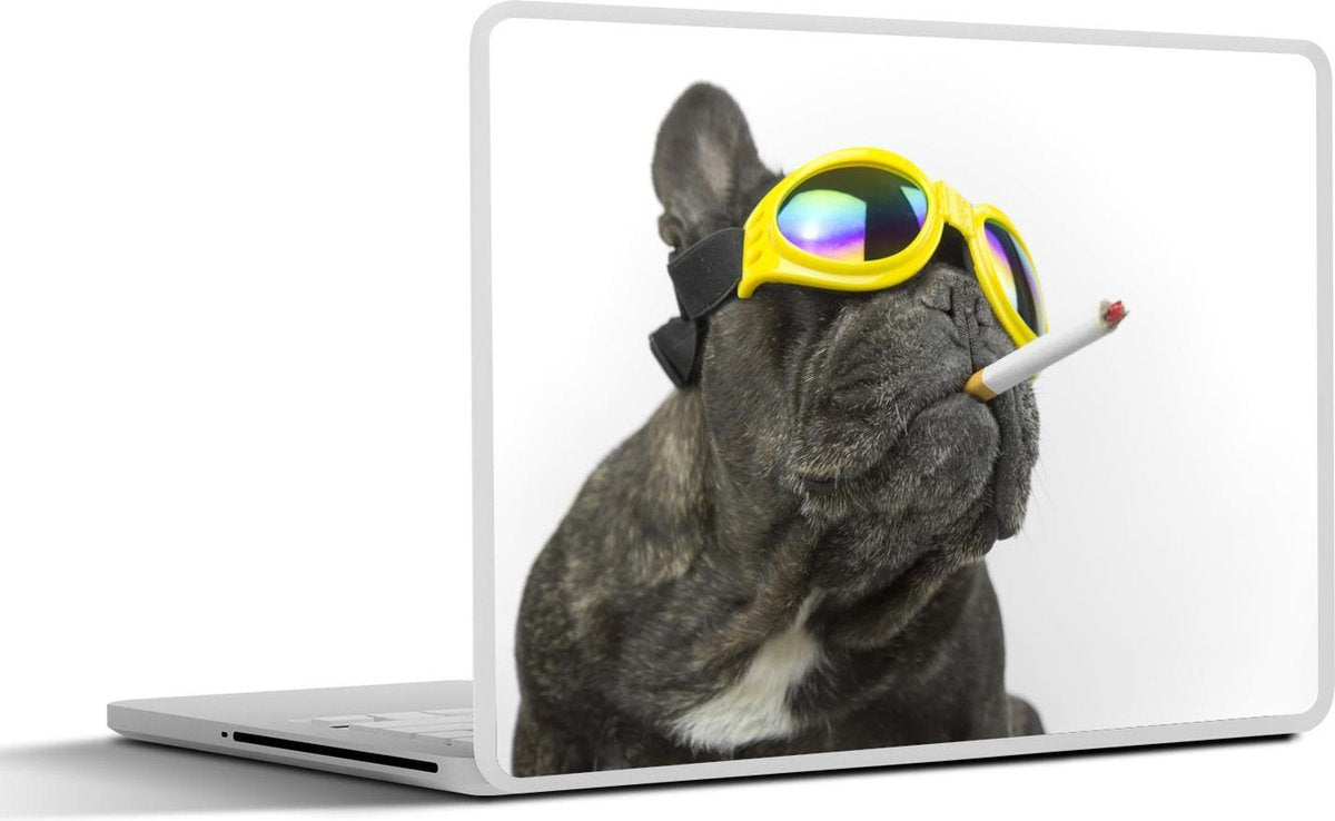 Laptop sticker - 10.1 inch - Illustratie van een bulldog met een gele bril die rookt