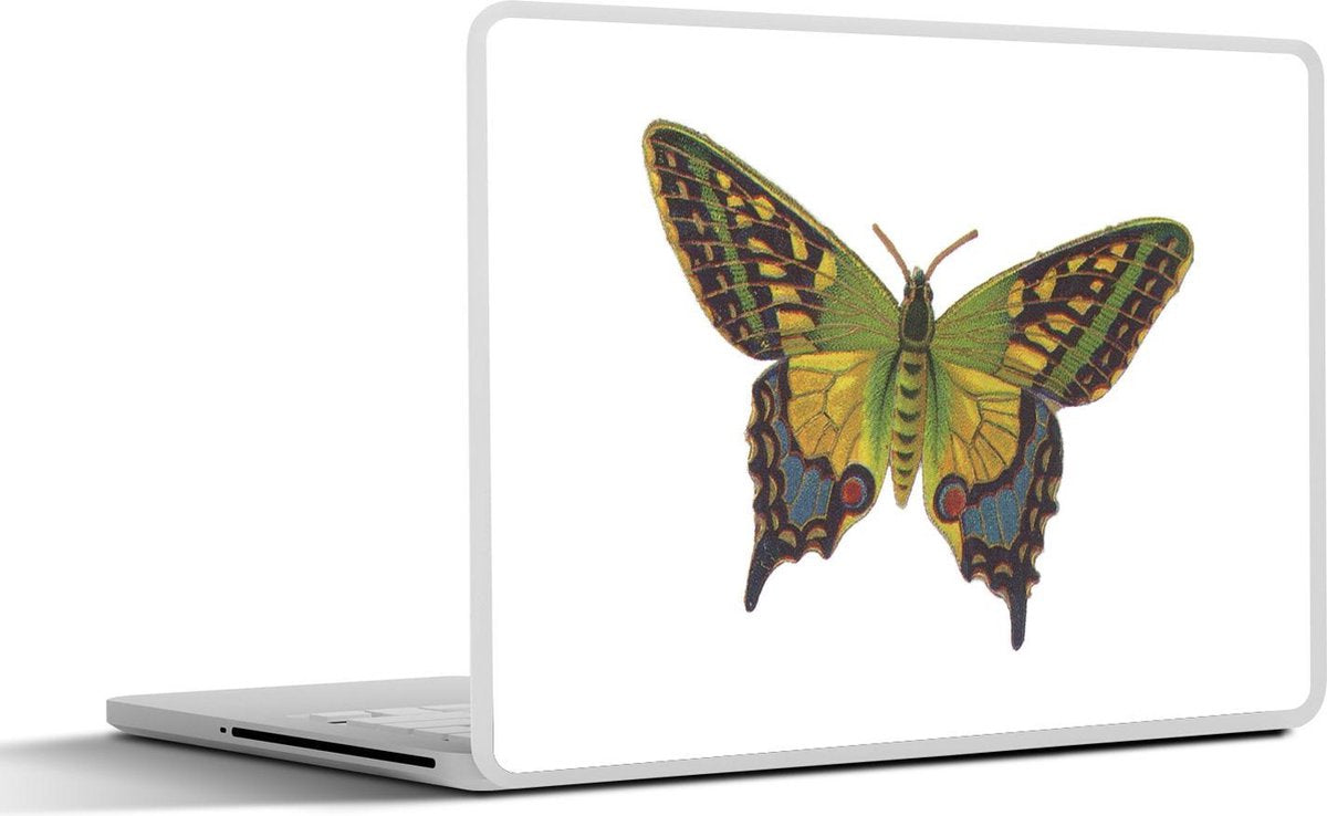 Laptop sticker - 10.1 inch - Illustratie van een groen met geel en blauwe vlinder