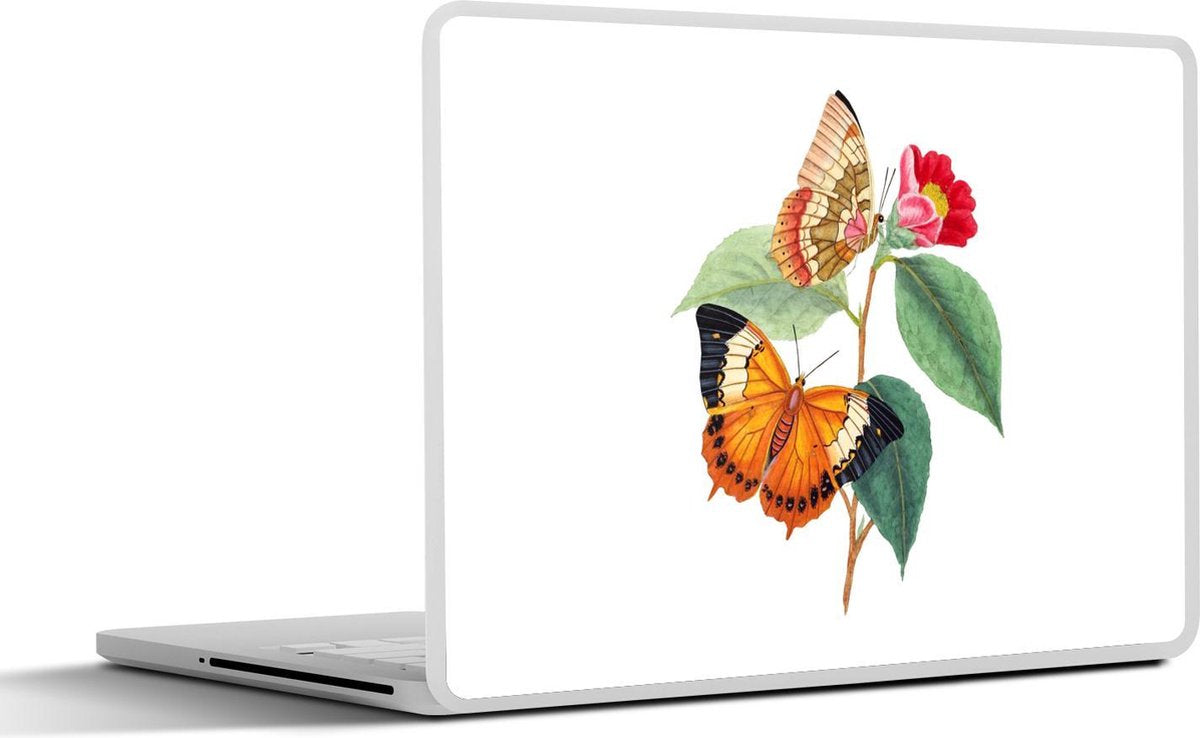Laptop sticker - 10.1 inch - Illustratie van twee vlinders op een rode bloem