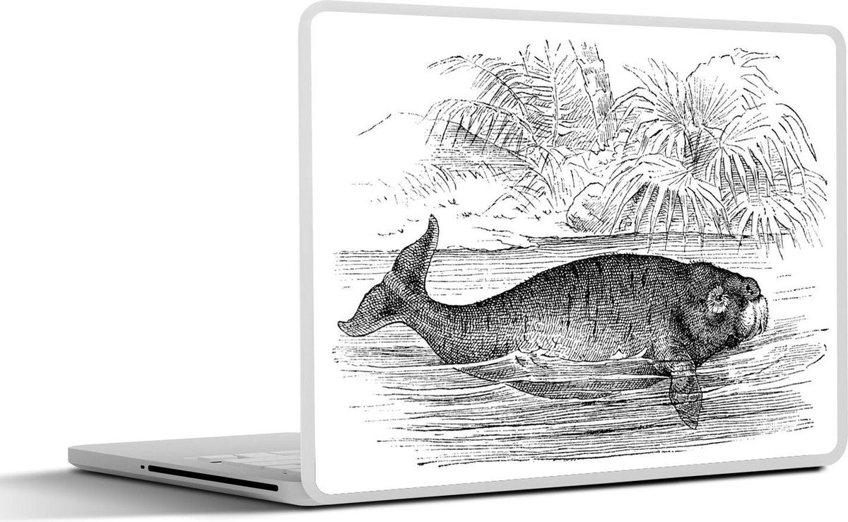 Laptop sticker - 10.1 inch - Illustratie van een doejong met palmbomen erachter in zwart-wit
