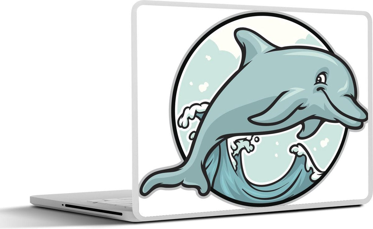Laptop sticker - 10.1 inch - Illustratie van een dolfijn voor een cirkel met golven