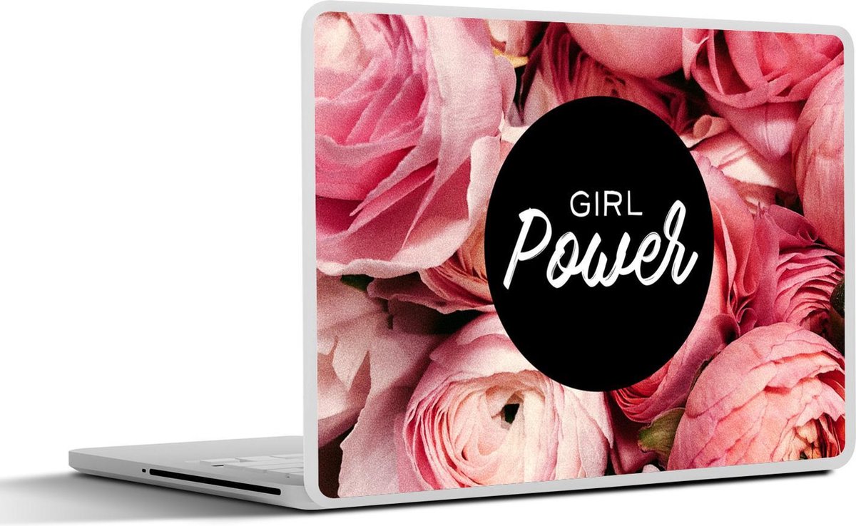 Laptop sticker - 10.1 inch - 'Girl power' met een achtergrond van roze bloemen