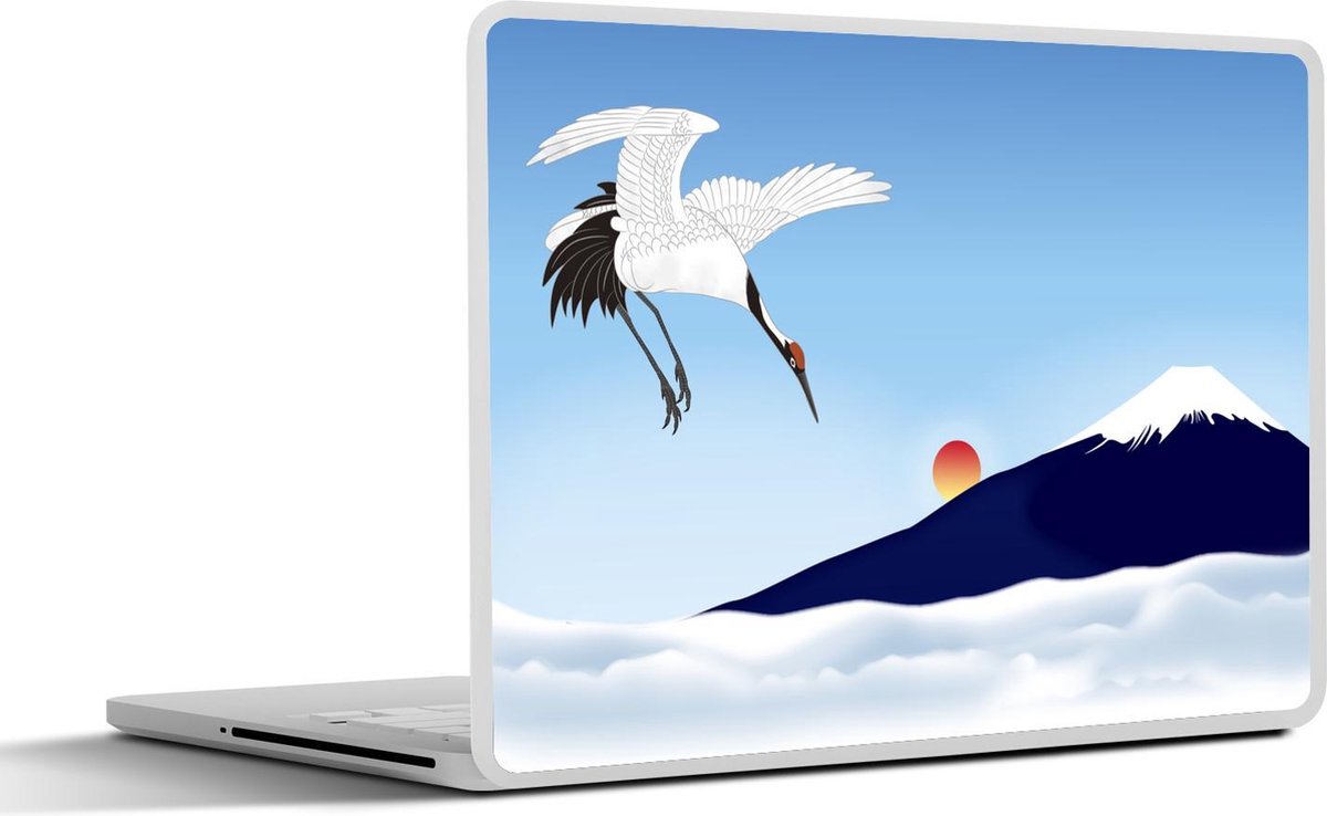 Laptop sticker - 10.1 inch - Illustratie van een witte Chinese kraanvogel voor een berg