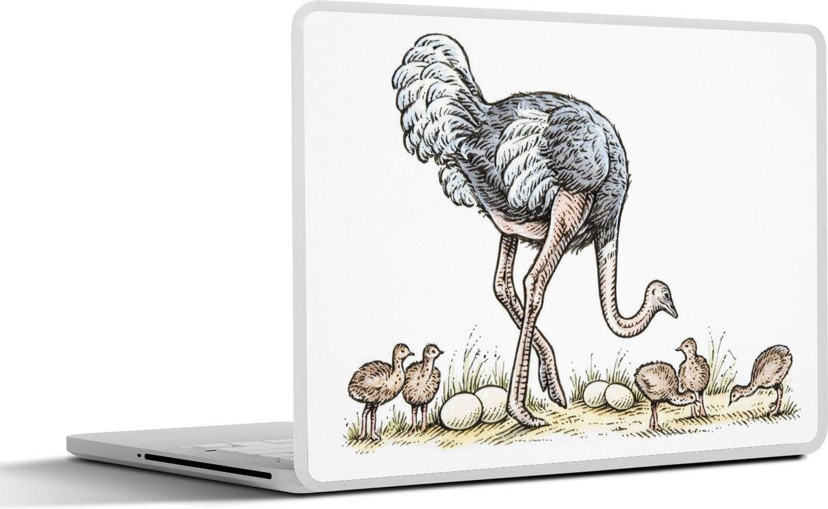 Laptop sticker - 10.1 inch - Illustratie van een struisvogel en haar jongen