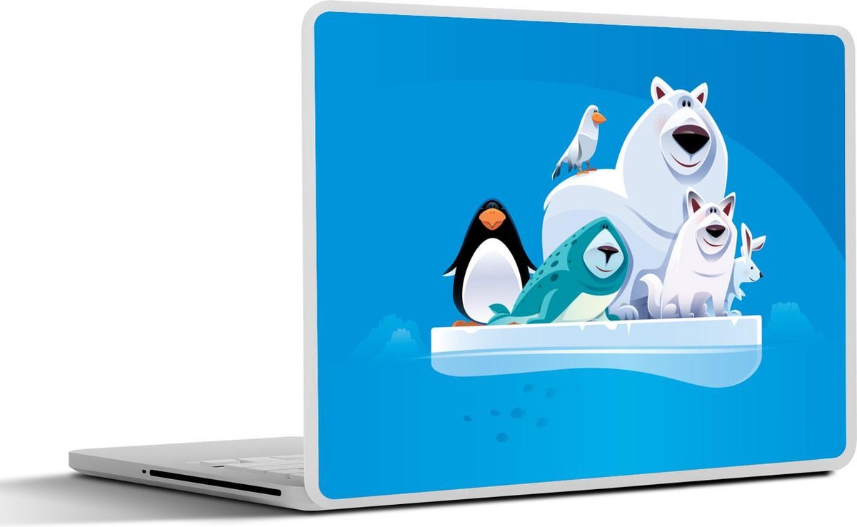 Laptop sticker - 10.1 inch - Illustratie van een pinguïn en zijn vrienden op een ijsschots