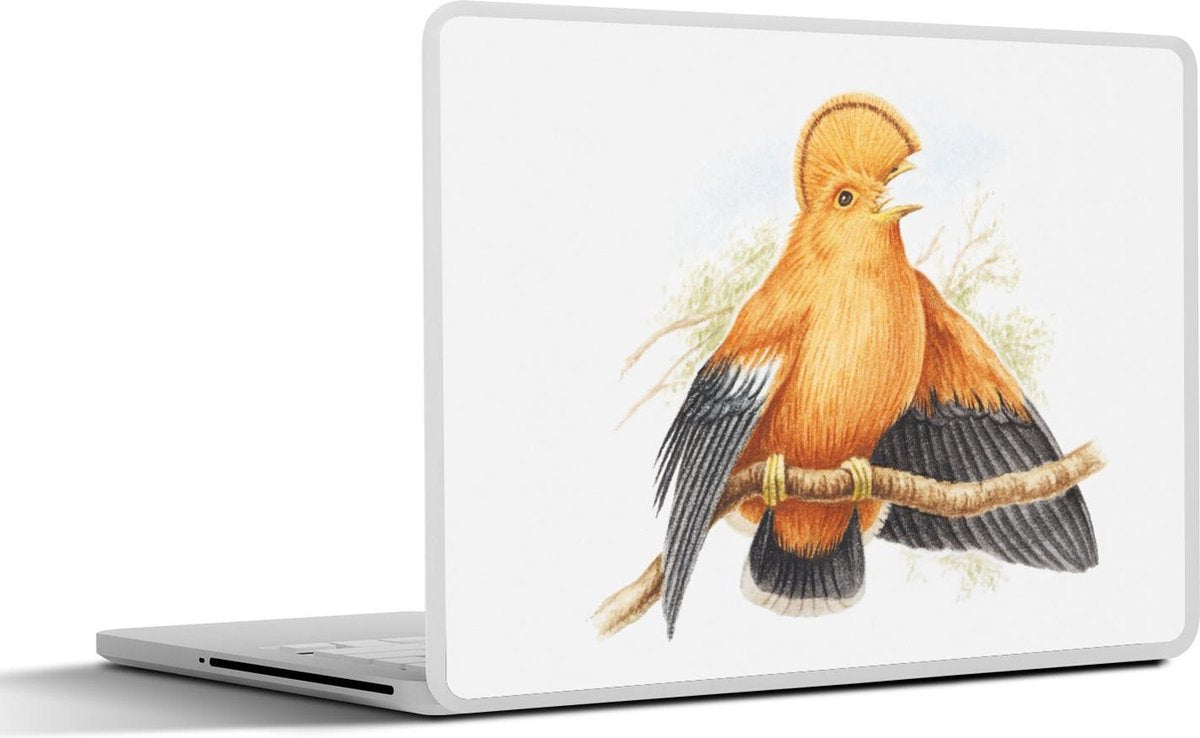 Laptop sticker - 10.1 inch - Illustratie van een zingende oranje rotshaan op een tak