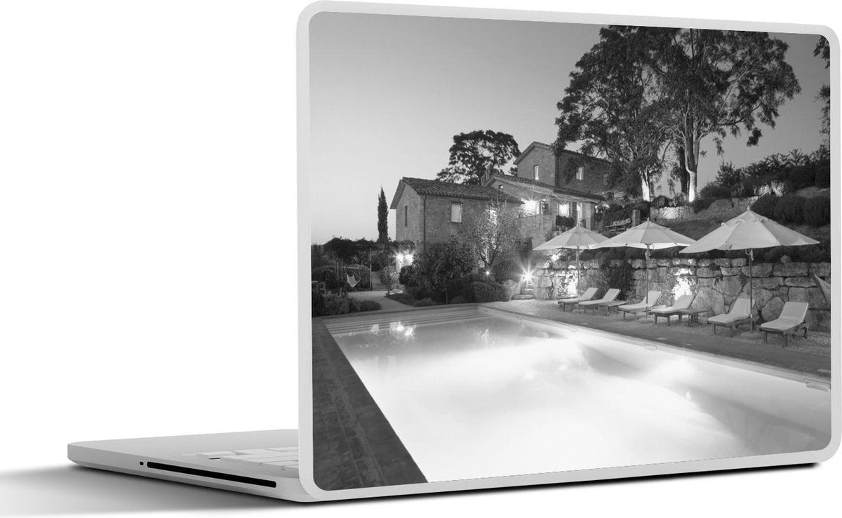 Laptop sticker - 10.1 inch - Italiaanse villa met zwembad - zwart-wit
