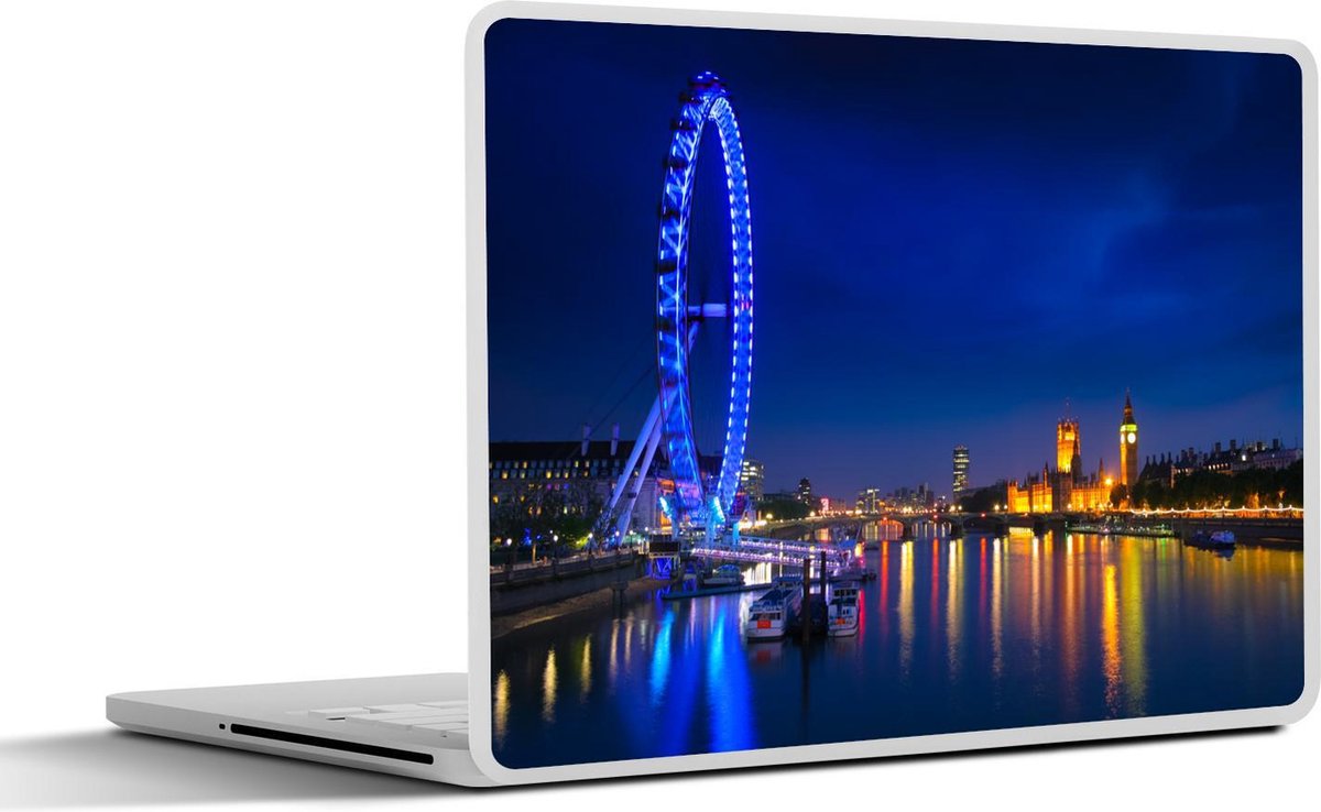 Laptop sticker - 10.1 inch - Afbeelding van een blauw gekleurde London Eye in de nacht