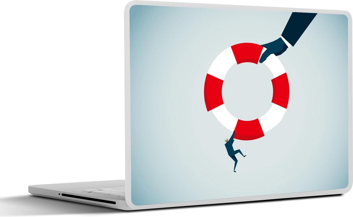 Laptop sticker - 10.1 inch - Illustratie van een man die aan een reddingsboei hangt
