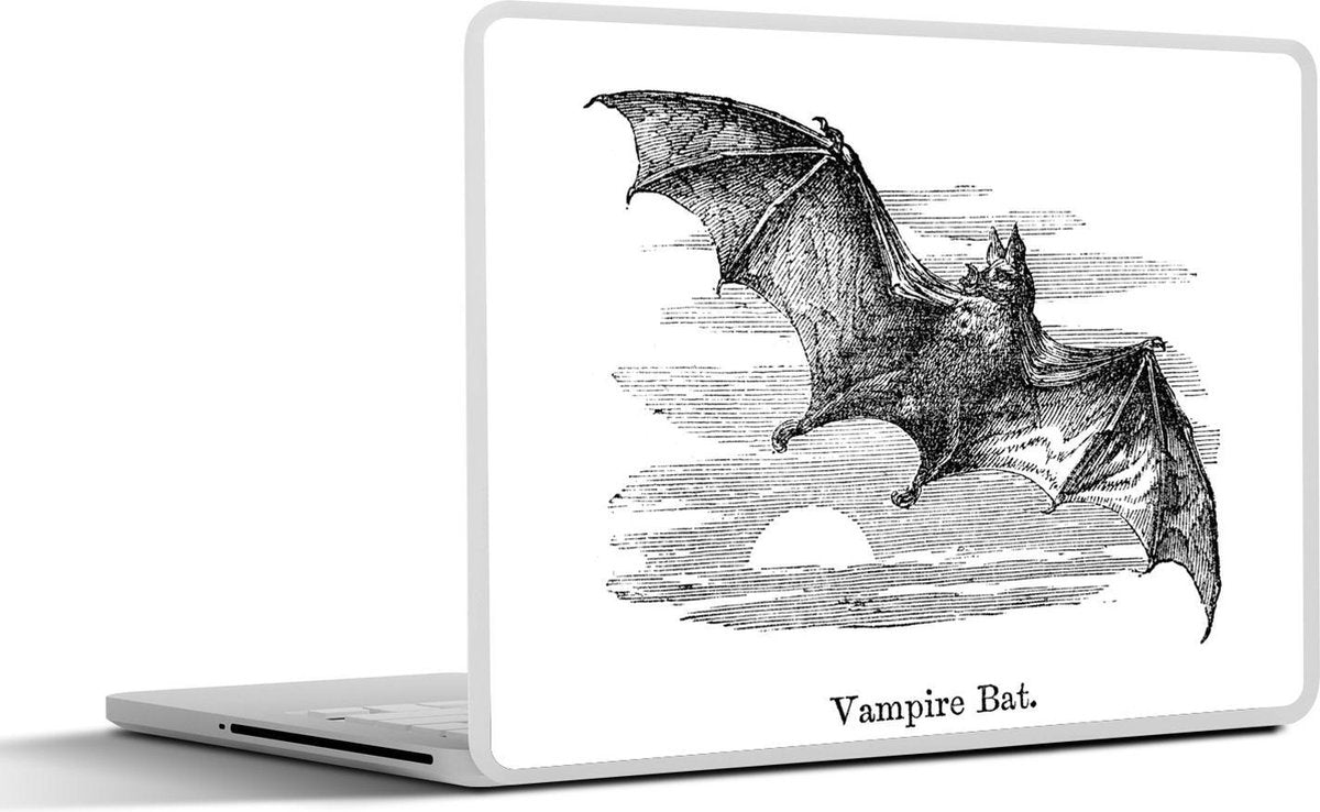Laptop sticker - 10.1 inch - Illustratie van een vleermuis voor een zonsondergang in zwart-wit