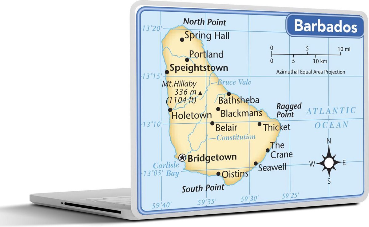 Laptop sticker - 10.1 inch - Illustratie van een kaart van Barbados met een blauwe rand