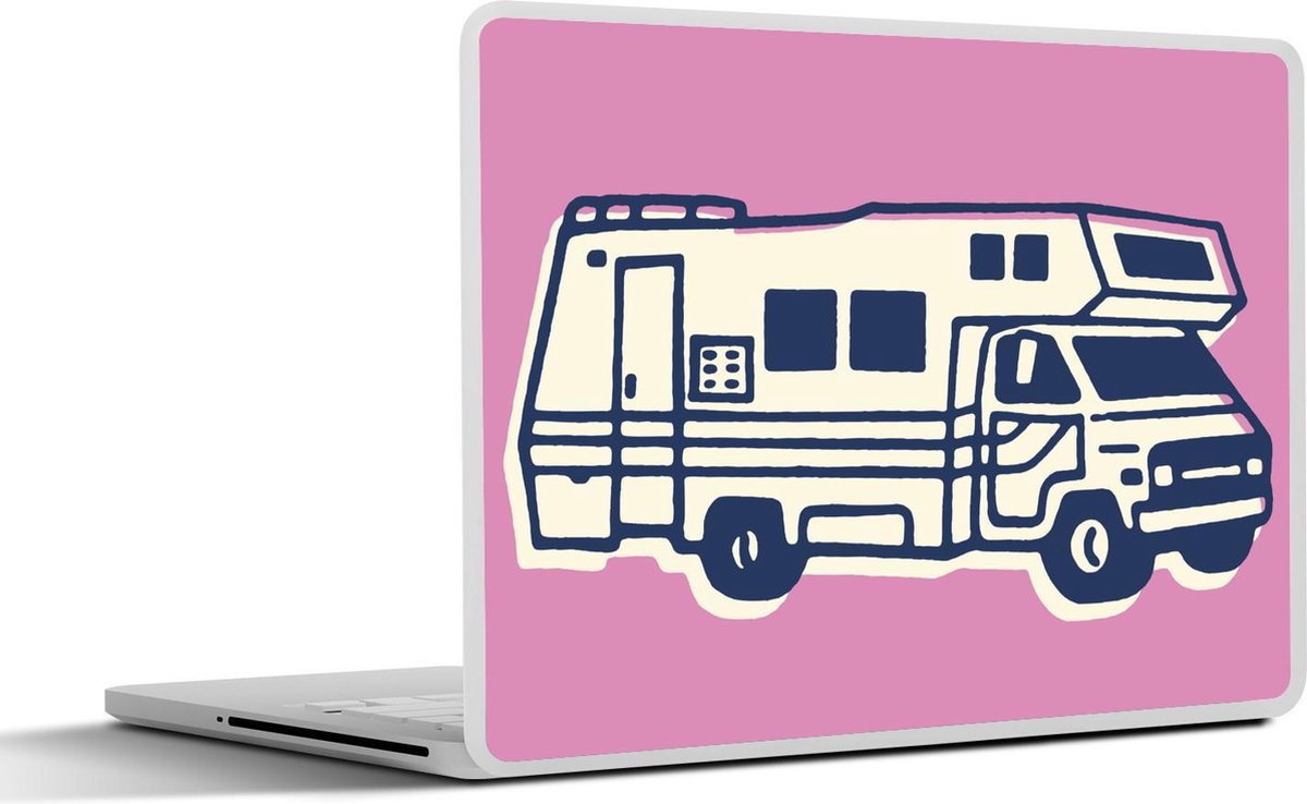 Laptop sticker - 10.1 inch - Illustratie van een camper op een roze achtergrond