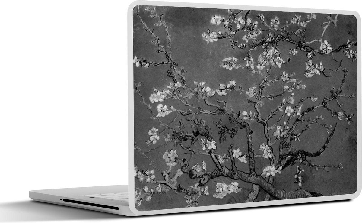 Laptop sticker - 10.1 inch - Amandeltakken in bloei weergegeven in zwart wit - Schilderij van Vincent van Gogh