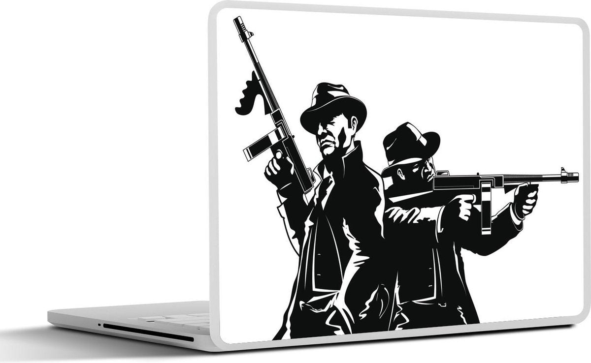 Laptop sticker - 10.1 inch - Illustratie van twee leden van de maffia met wapens in zwart-wit