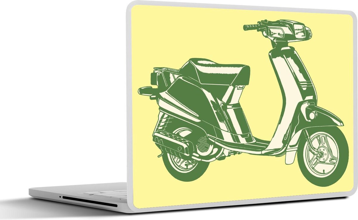 Laptop sticker - 10.1 inch - Illustratie van een groene scooter voor een gele achtergrond