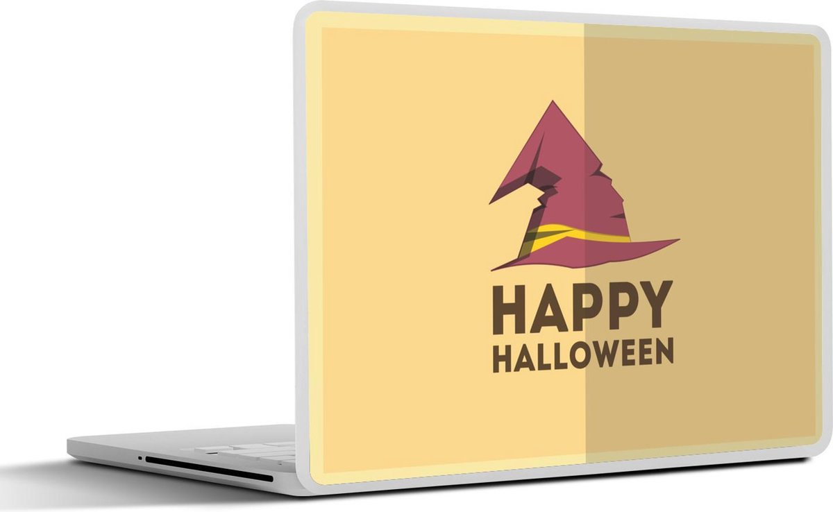Laptop sticker - 10.1 inch - 'Happy Halloween' en een heksenhoed gele achtergrond
