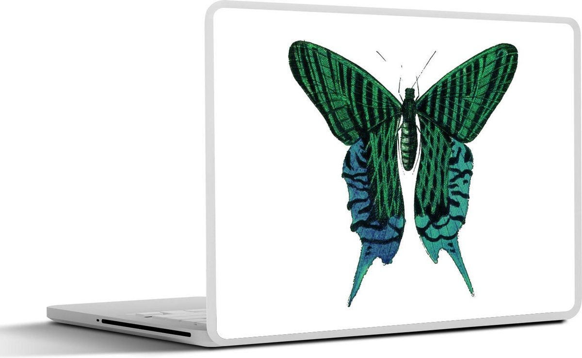 Laptop sticker - 10.1 inch - Illustratie van een blauwgroene vlinder met zwarte strepen