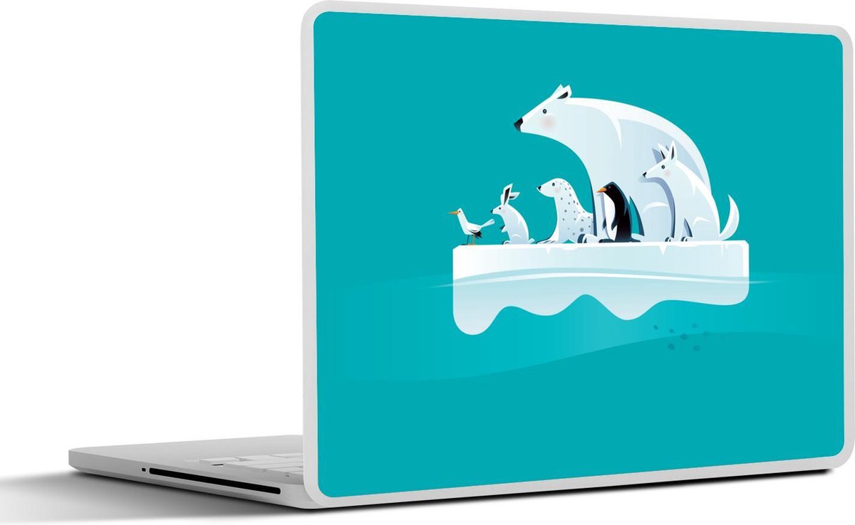 Laptop sticker - 10.1 inch - Illustratie van een ijsbeer met zijn vrienden op een ijsberg