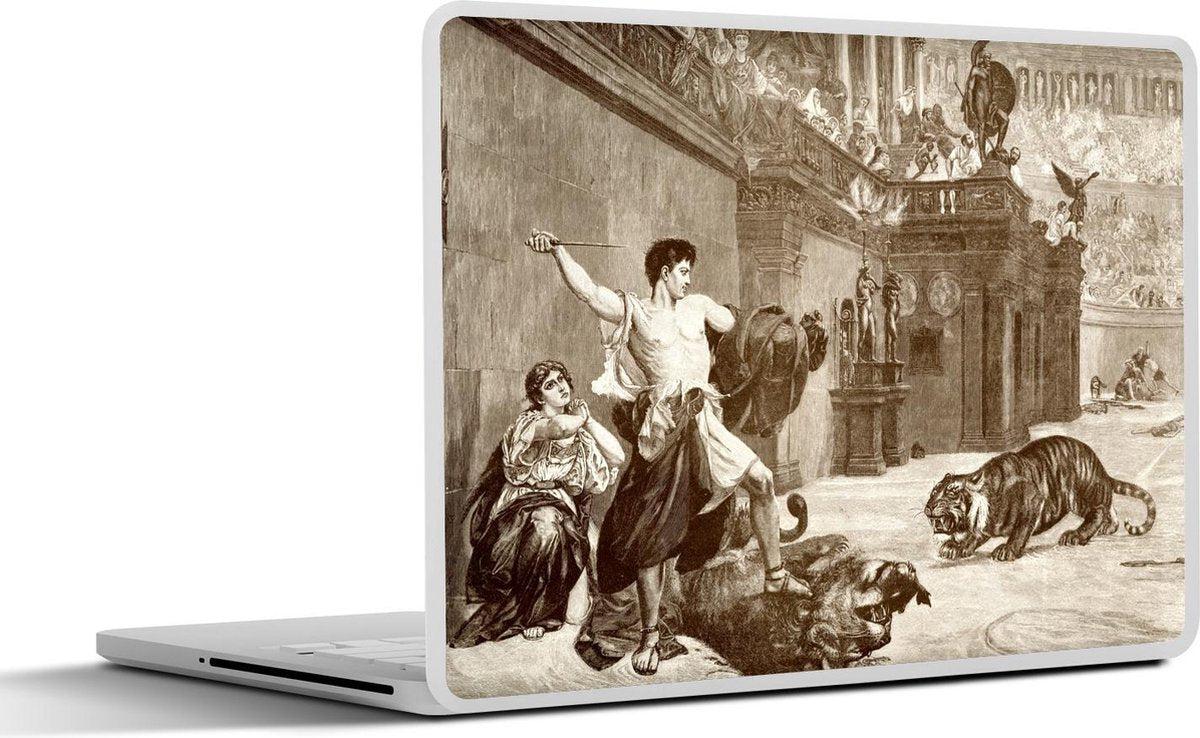 Laptop sticker - 10.1 inch - Illustratie van een man die een vrouw beschermt in het Colosseum