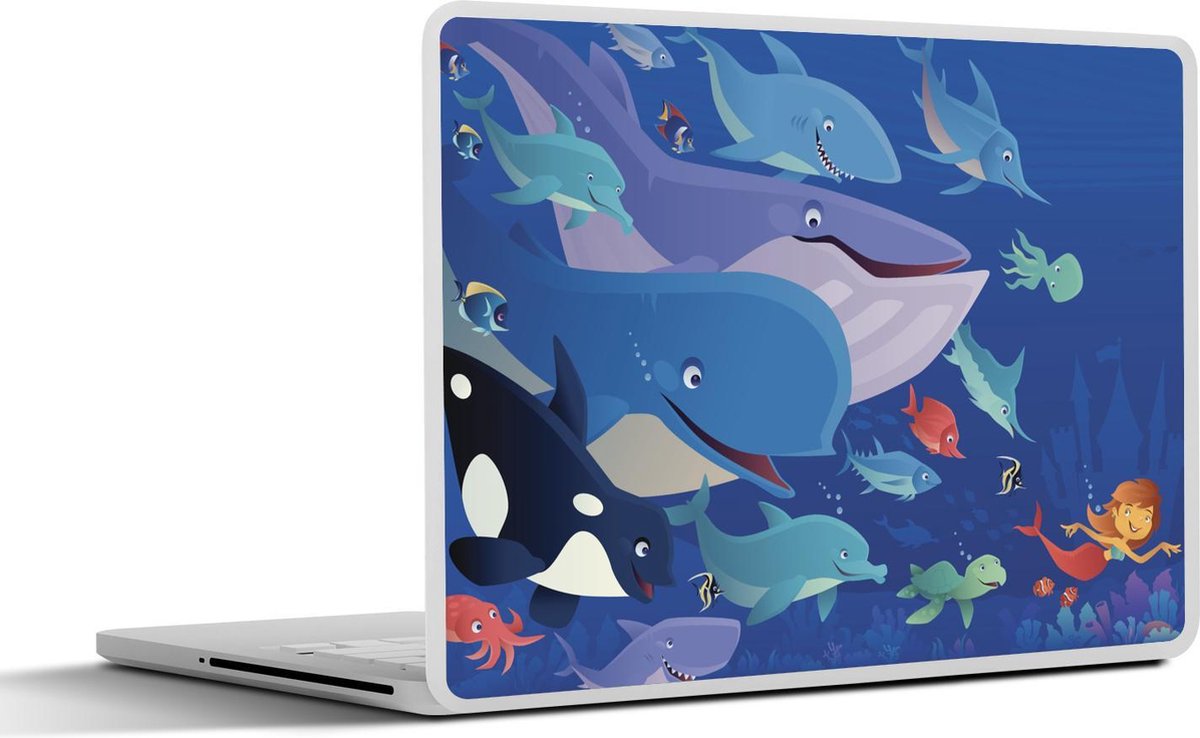 Laptop sticker - 10.1 inch - Illustratie van een zeemeermin tussen de zeedieren