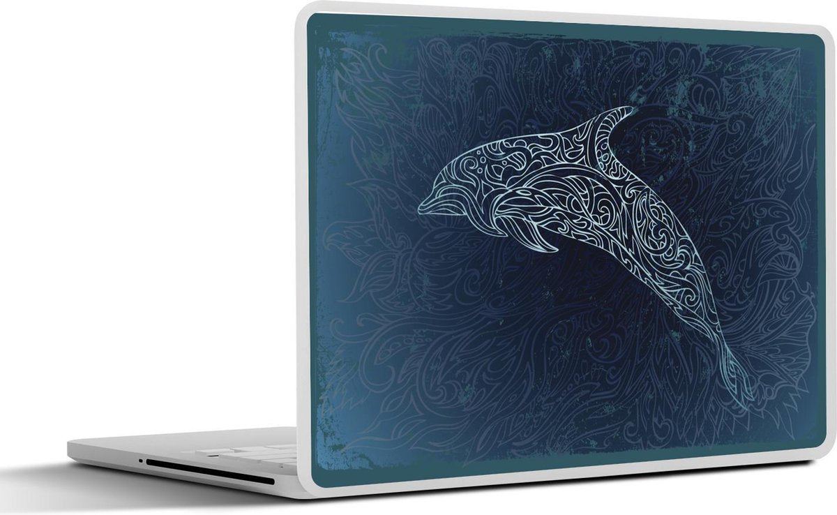 Laptop sticker - 10.1 inch - Illustratie van een dolfijn in het wit voor een blauwe achtergrond