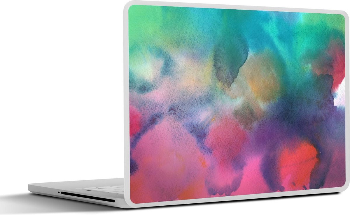 Laptop sticker - 10.1 inch - Abstract kunstwerk gemaakt met waterverf en groene met roze en blauwe