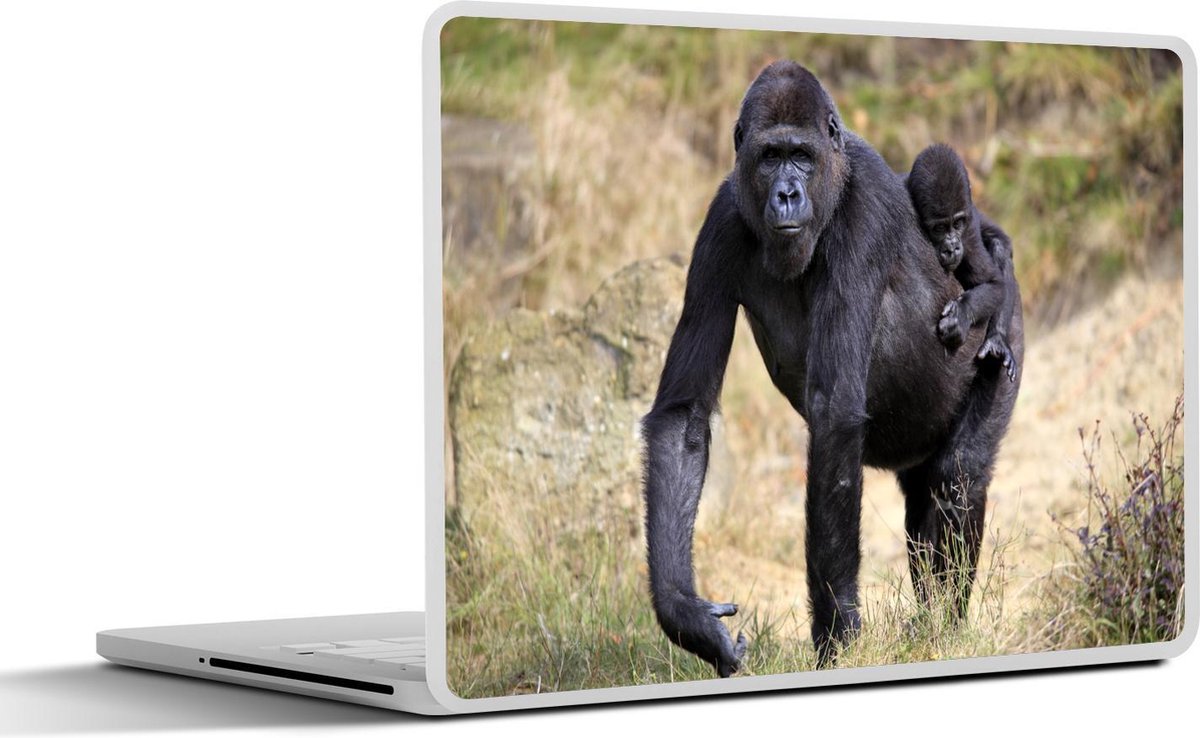 Laptop sticker - 10.1 inch - Afbeelding van een Gorilla met een jong op de rug