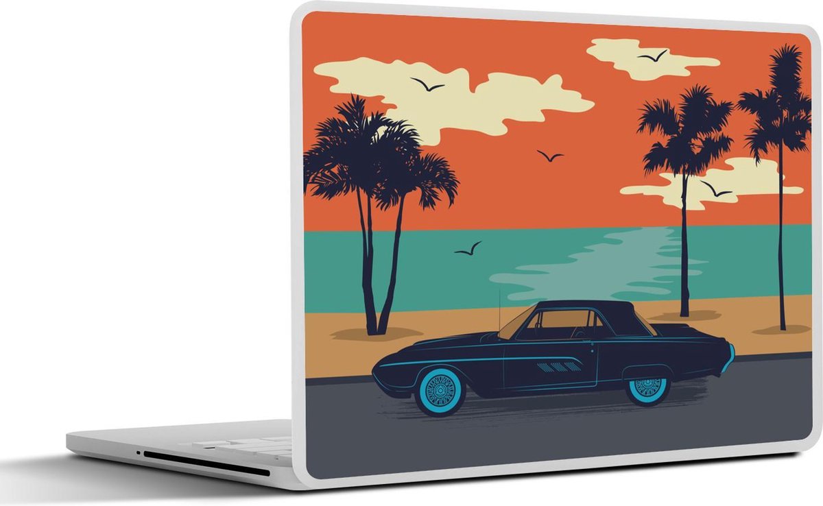 Laptop sticker - 10.1 inch - Illustratie van een vintage auto voor een strand met palmbomen