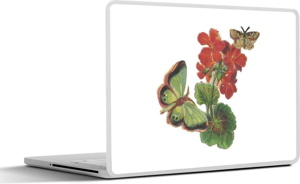 Laptop sticker - 10.1 inch - Illustratie van groene vlinders op een rode bloem