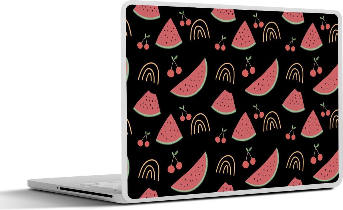 Laptop sticker - 10.1 inch - Abstracte meloenen en kersen op een zwarte achtergrond